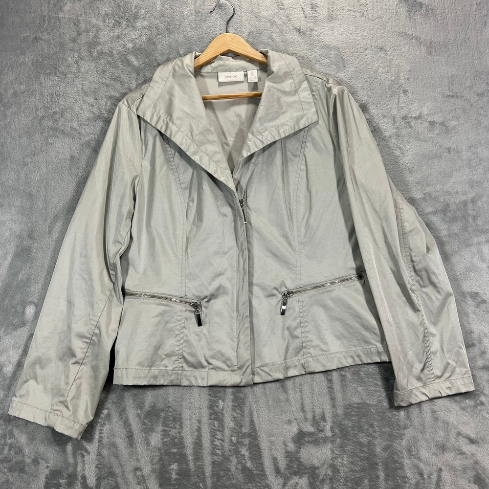 Chico's Moto Jacket Women Size 2 Gray Full Zip Collared Solid Chic Casual Biker